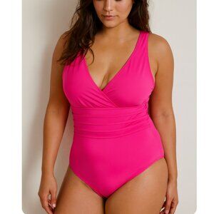 La Blanca One Piece Swimsuit Size 10 Hot Pink Ruched V Neck Strappy
